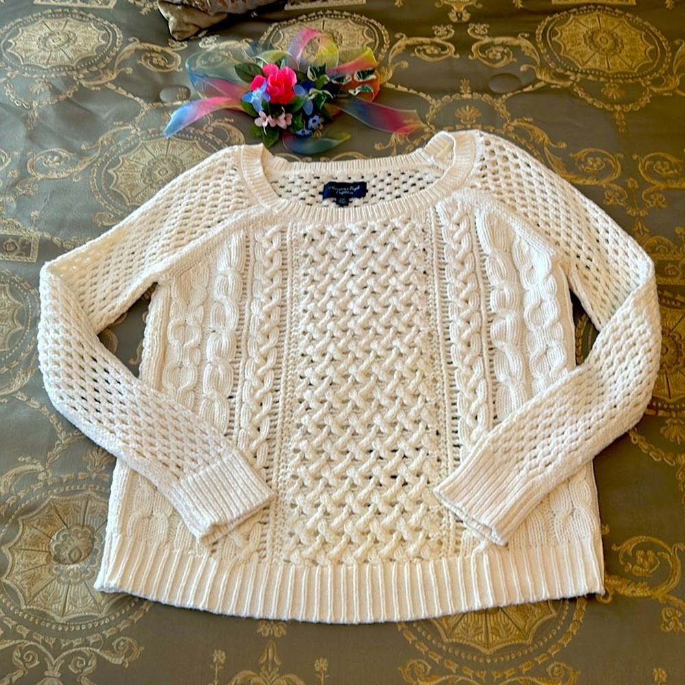 American Eagle Cable Knit Crew Neck Sweater Ivory